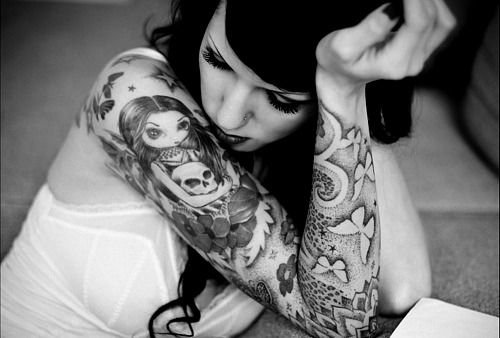 Right Sleeve Black And White Tattoo For Girls